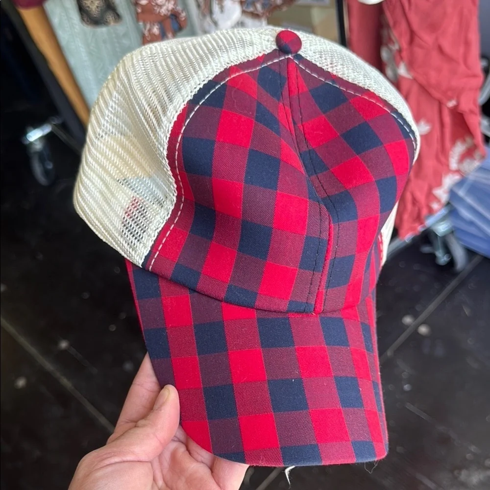 Red and navy Checkered Trucker Hat pony tail